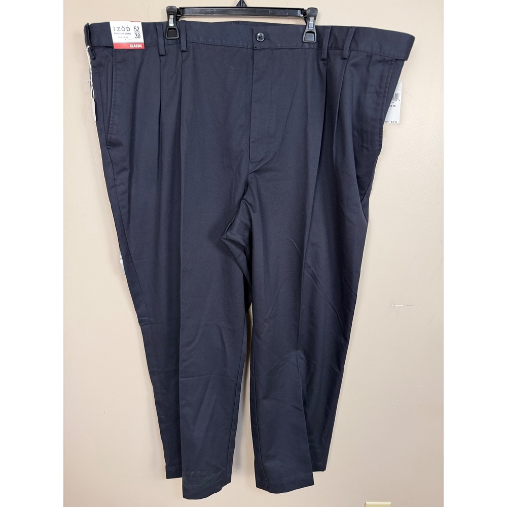 IZOD American Chino Mens 52x30 Navy Blue Double Pleat Non-Iron Pants 45B6003410